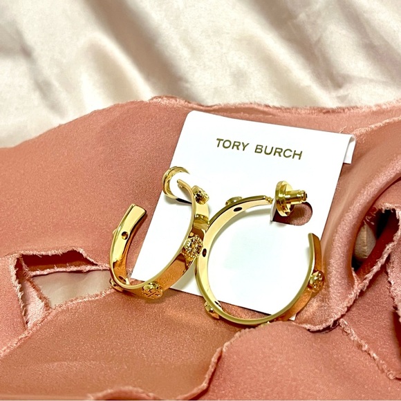 Tory Burch Miller Goldtone Logo Hoop Earrings - Picture 4 of 8